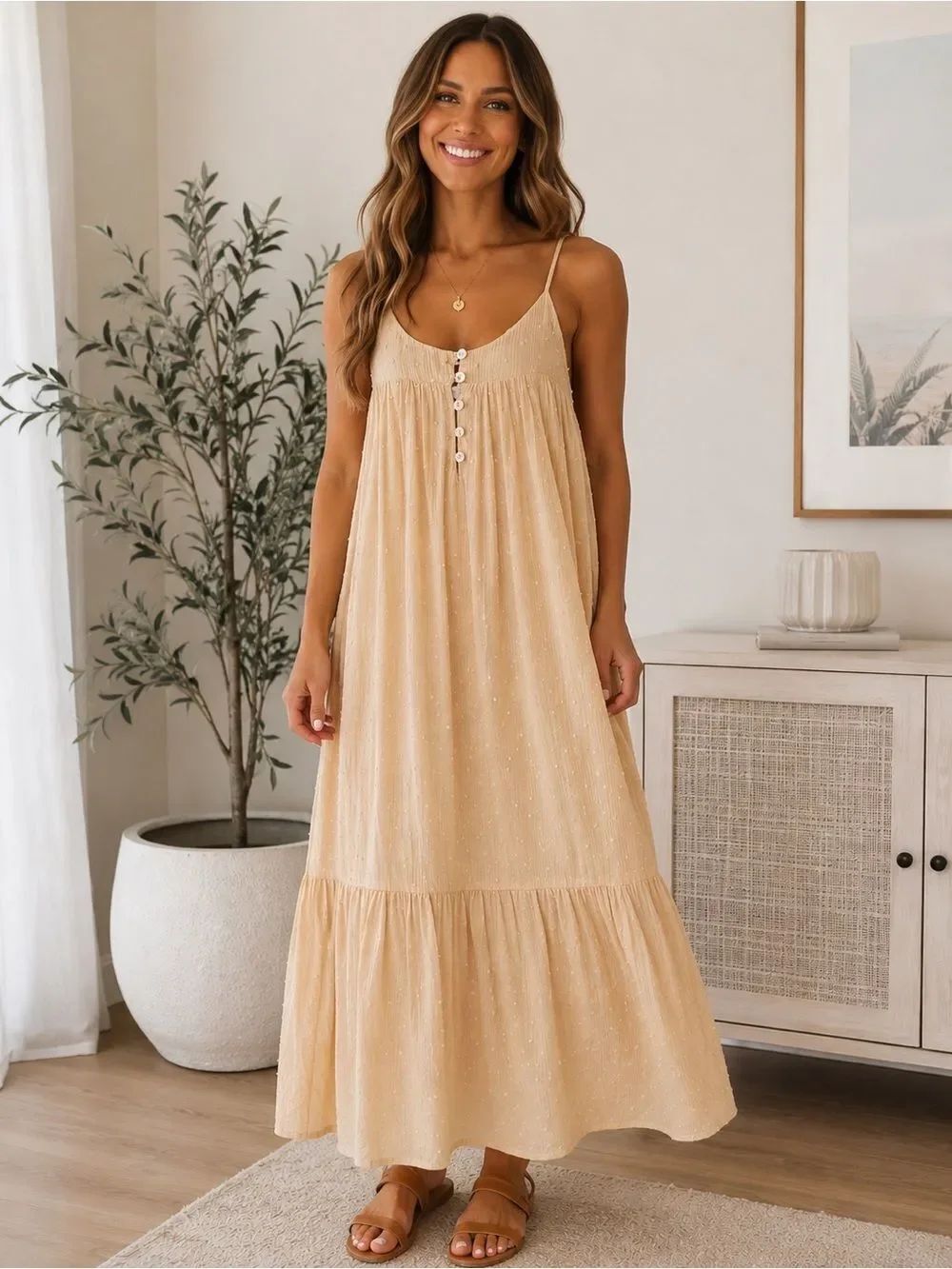 NWT Lost + Wander Swiss Dot Boho Maxi Dress Cream Tiered Sundress Small